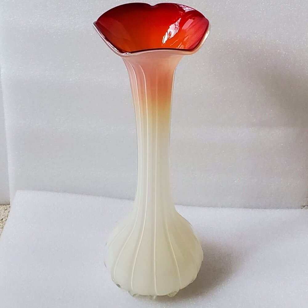 Art Glass Jack Off-White and Bright Orange Floral Vase.